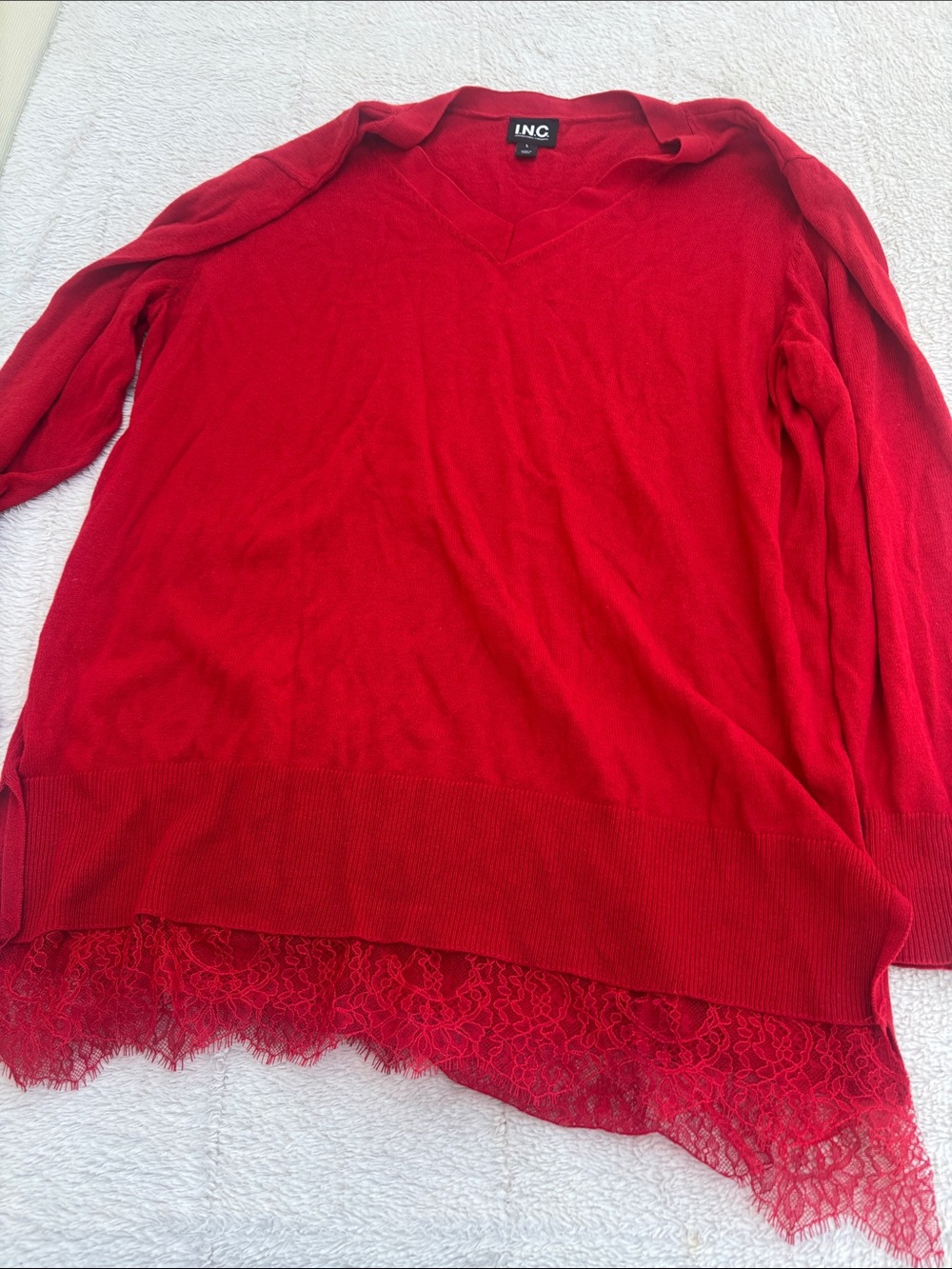 INC International Concepts Red V-Neck Sweater with Lace Hem